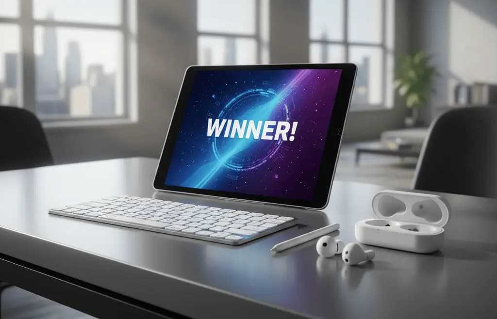 A technology package including an iPad, keyboard, earbuds, and Apple Pencil