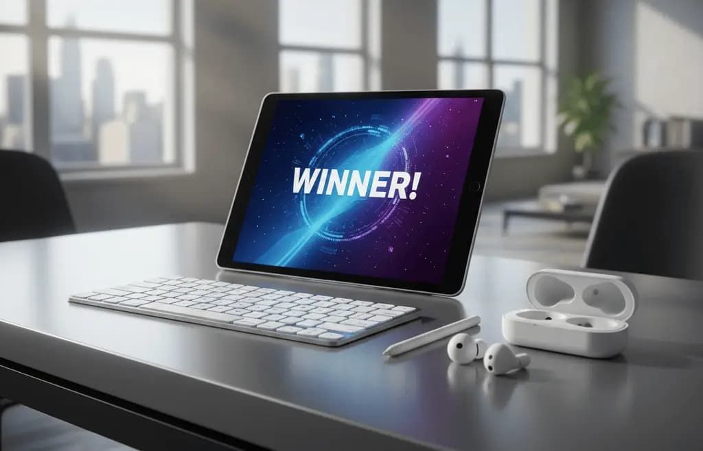 A technology package including an iPad, keyboard, earbuds, and Apple Pencil