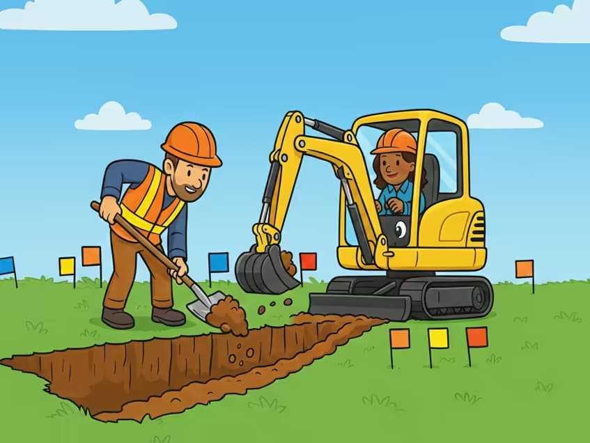 Cartoon construction workers digging