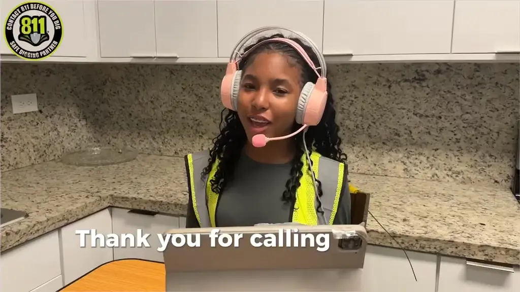 A student in a safety vest and headset answering an 811 call in a video contest entry